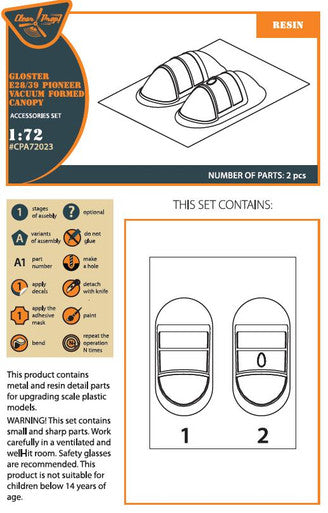 1/72 Clear Prop Gloster E28/39 Pioneer vacuum formed canopy for CP kits CP72001/CP72007