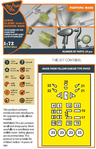 1/72 Clear Prop A5M2b Claude (early version) painting mask on yellow kabuki paper for CP kits CP72006/CP72008