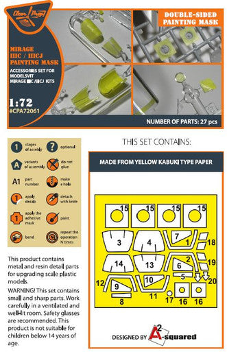 1/72 Clear Prop Mirage IIIC/IIICJ double-sided painting mask on yellow kabuki paper for Modelsvit kit