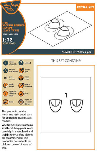 1/72 Clear Prop I-16 vacuum formed canopy (late version) for CP kit