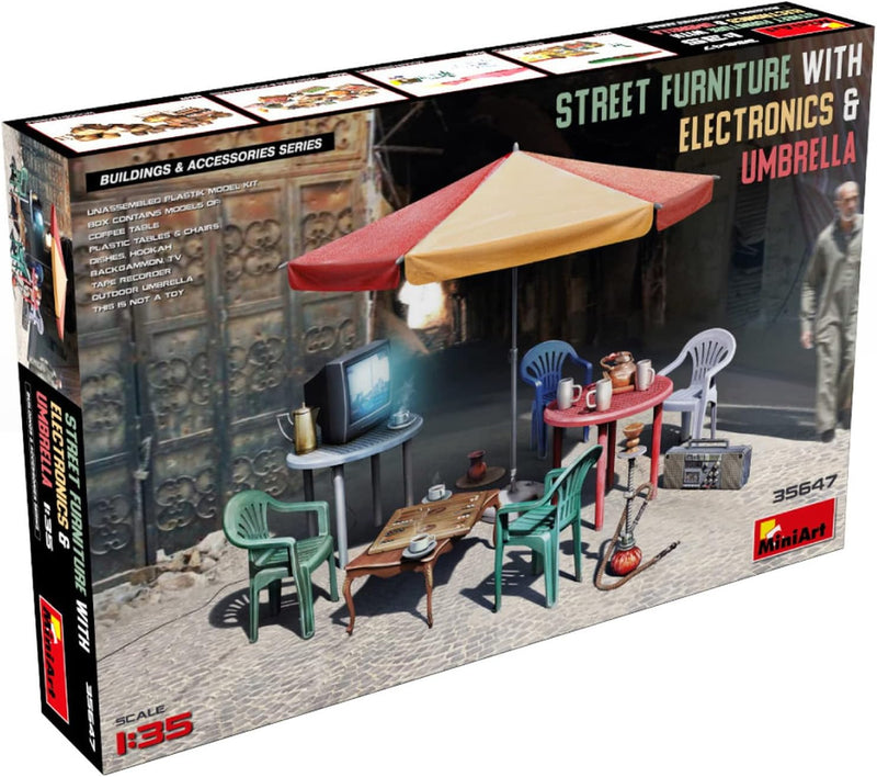 Miniart MIN35647 1:35-Street Furniture w/Electronics & Umbr Scale Model kit, Molded Color