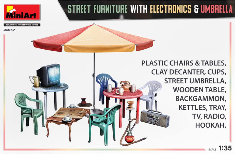 Miniart MIN35647 1:35-Street Furniture w/Electronics & Umbr Scale Model kit, Molded Color