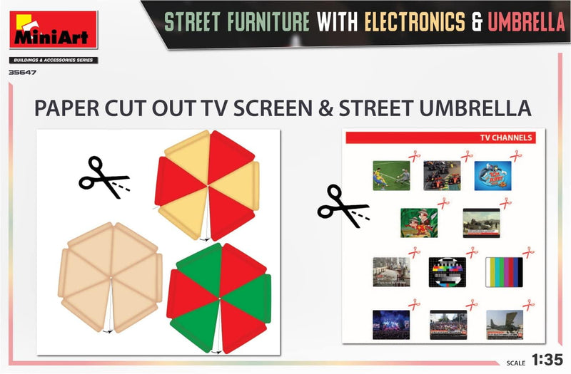 Miniart MIN35647 1:35-Street Furniture w/Electronics & Umbr Scale Model kit, Molded Color