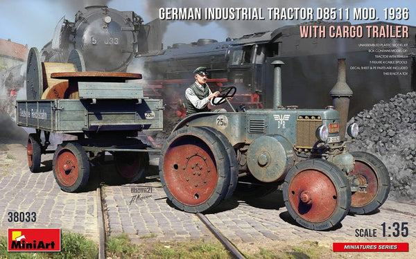 Miniart MIN38033 1:35-German Tractor D8511 Mod 1936 w/Trailer Scale Model kit, Unpainted