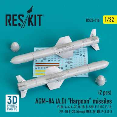 1/32 Reskit AGM-84 (A,D) Harpoon missiles (2 pcs) (P-8A, A-6, A-7E, B-1B, B-52H, F-111C, F-16, F/A-18, F-20, Nimrod MR2, AV-8B, P-3, S-3) (3D Printing)