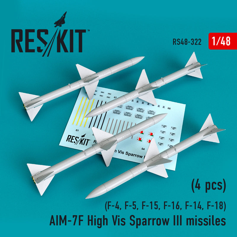 Reskit AIM-7F High Vis Sparrow III missiles (4pcs) (F-4, F-5, F-15, F-16, F-14, F-18) (1/48)