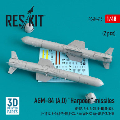 1/48 Reskit AGM-84 (A,D) Harpoon missiles (2 pcs) (P-8A, A-6, A-7E, B-1B, B-52H, F-111C, F-16, F/A-18, F-20, Nimrod MR2, AV-8B, P-3, S-3) (3D Printing)