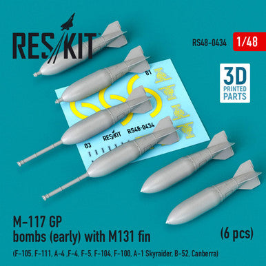 1/48 Reskit M-117 GP bombs (early) with M131 fin (6 pcs) (F-111, A-4 ,F-4, F-5, F-104, F-100, A-1 Skyraider, B-52, Canberra) (3D Printing)