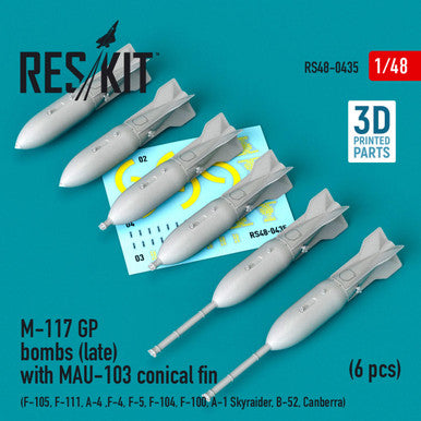 1/48 Reskit M-117 GP bombs (late) with MAU-103 conical fin (6 pcs) (F-111, A-4 ,F-4, F-5, F-104, F-100, A-1 Skyraider, B-52, Canberra) (3D Printing)