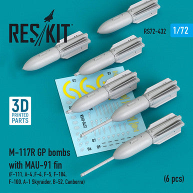 1/72 Reskit M-117R GP bombs with MAU-91 fin (6 pcs) (F-111, A-4 ,F-4, F-5, F-104, F-100, A-1 Skyraider, B-52, Canberra) (3D Printing)