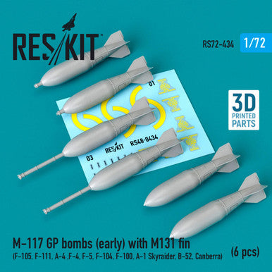 1/72 Reskit M-117 GP bombs (early) with M131 fin (6 pcs) (F-111, A-4 ,F-4, F-5, F-104, F-100, A-1 Skyraider, B-52, Canberra) (3D Printing)