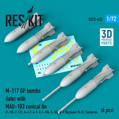 1/72 Reskit M-117 GP bombs (late) with MAU-103 conical fin (6 pcs) (F-111, A-4 ,F-4, F-5, F-104, F-100, A-1 Skyraider, B-52, Canberra) (3D Printing)