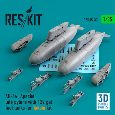 1/35 Reskit AH-64 Apache late pylons with 122 gal fuel tanks for Takom kit (3D Printing)